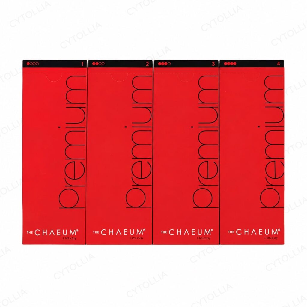 CHAEUM Premium dermal filler boxes in No.1 to No.4 variants