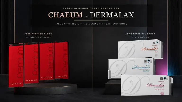 Chaeum vs Dermalax clinic range comparison with Chaeum Premium and Dermalax product boxes