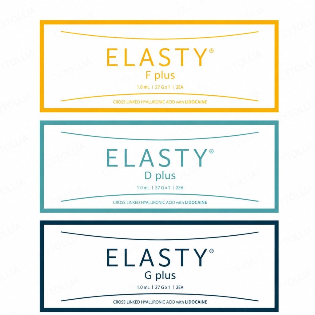 ELASTY dermal filler boxes in F Plus D Plus and G Plus variants