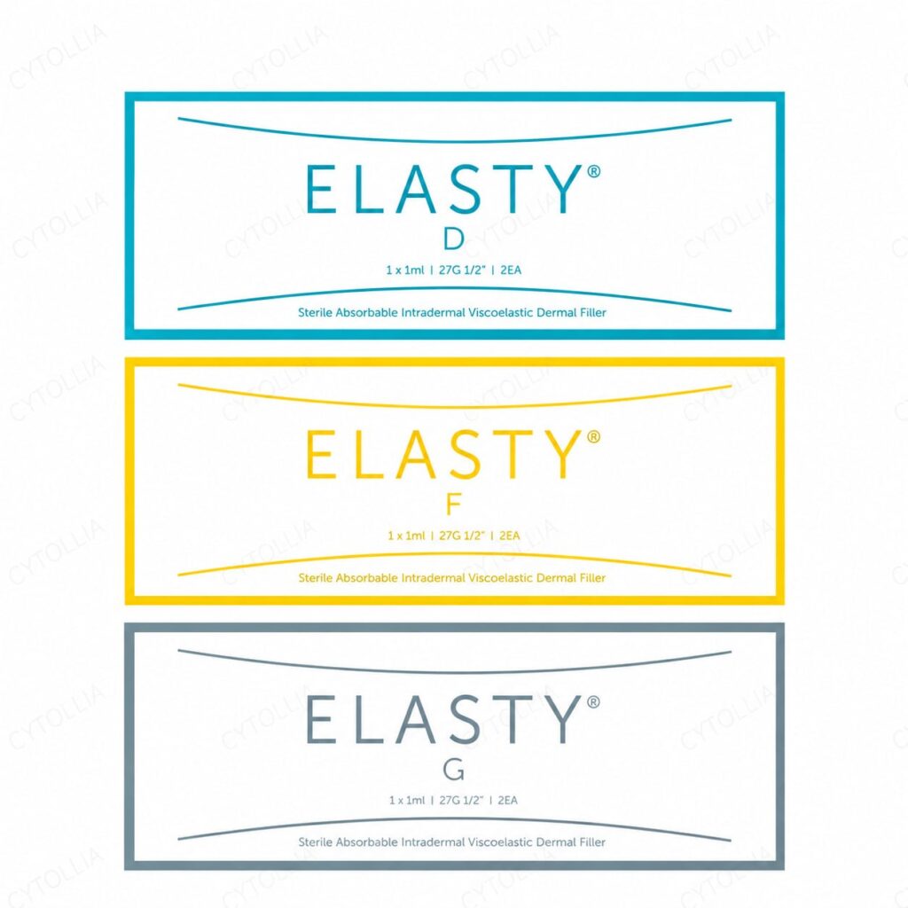 ELASTY No Lidocaine HA Dermal Filler — product packaging, 2 × 1 ml syringes with 27G needle