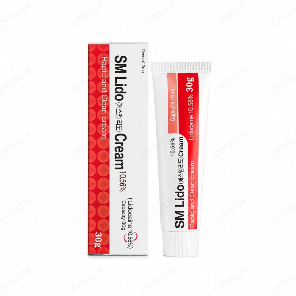 SM Lido Cream 10.56% lidocaine anesthetic cream 30g tube front view