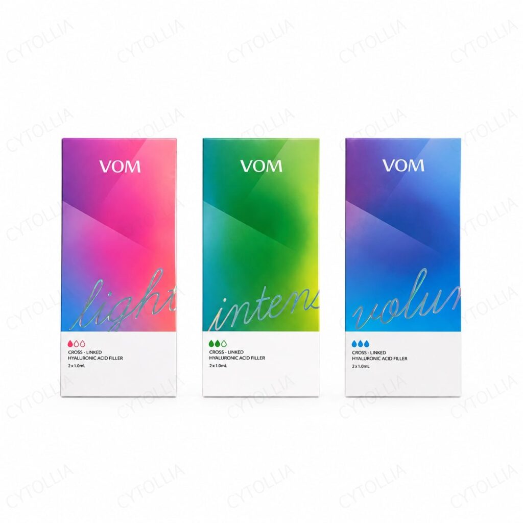 VOM dermal filler boxes in V O and M variants