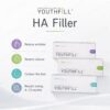 Youthfill HA filler boxes with product benefits infographic