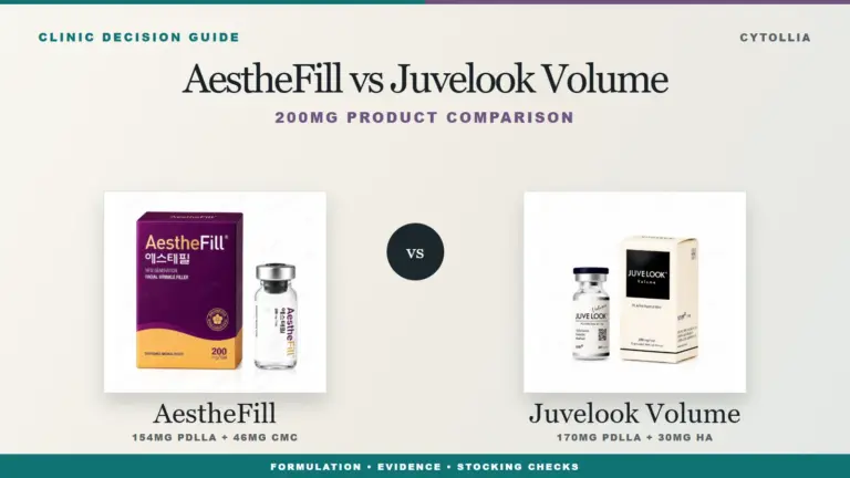 AestheFill 200mg and Juvelook Volume 200mg product packs in a technical clinic selection comparison