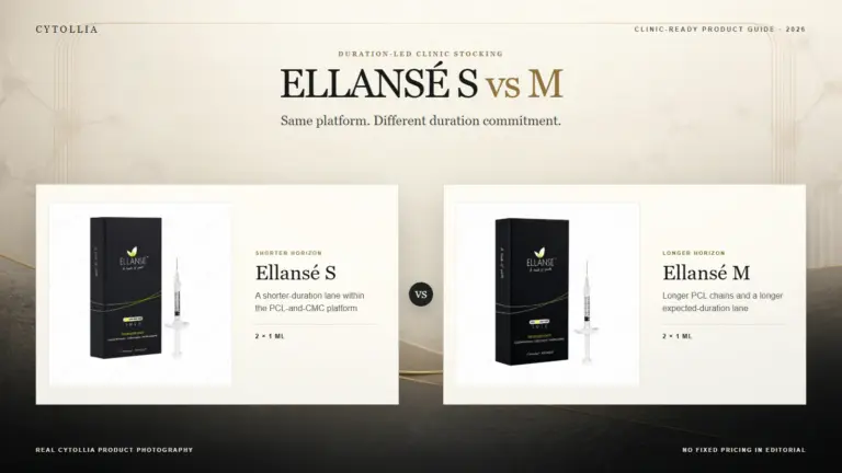 Ellansé S and M boxes shown in full in a premium comparison of duration and clinic stocking roles
