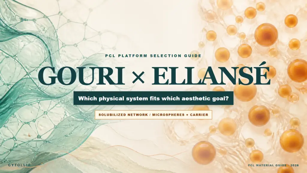 Gouri versus Ellansé PCL platform guide showing a solubilized polymer network and microspheres in a carrier gel