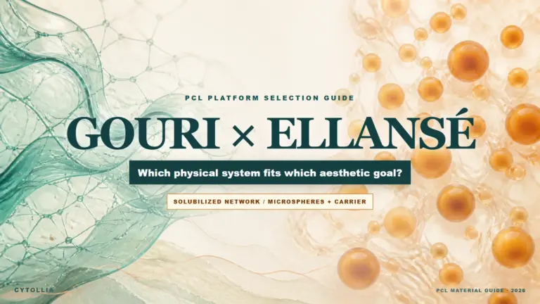 Gouri versus Ellansé PCL platform guide showing a solubilized polymer network and microspheres in a carrier gel