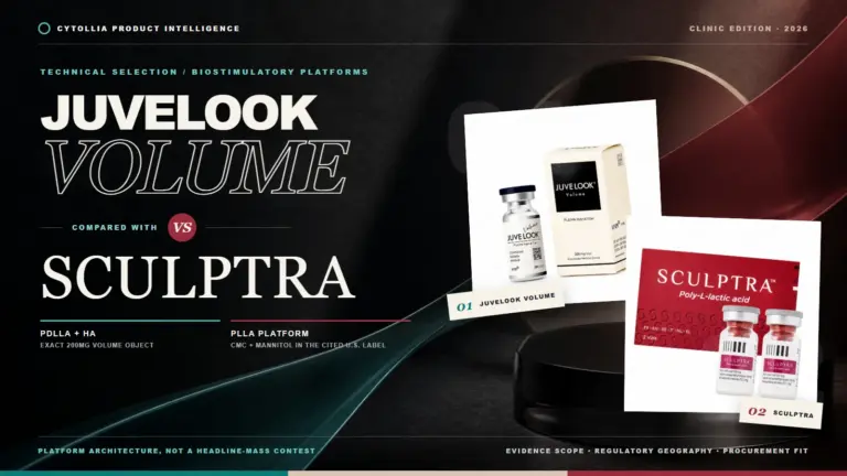 Juvelook Volume and Sculptra product packs in a technical clinic selection comparison