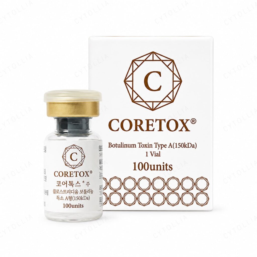 Coretox 100U box front packaging — botulinum toxin type A 150 kDa, 100 units per vial