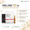 MELINE 01 ID skin boosters — ingredients and benefits: box panel describing tone-evening action, superficial hyperpigmentation improvement and key ingredients