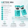 Metox 100 Units box panel with application areas and clinically tested animal-free formula details