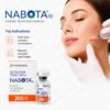 Nabota 200U Botulinum Toxin — box side specification panel with top indications: multi-area cosmetic combinations and bilateral masseter hypertrophy