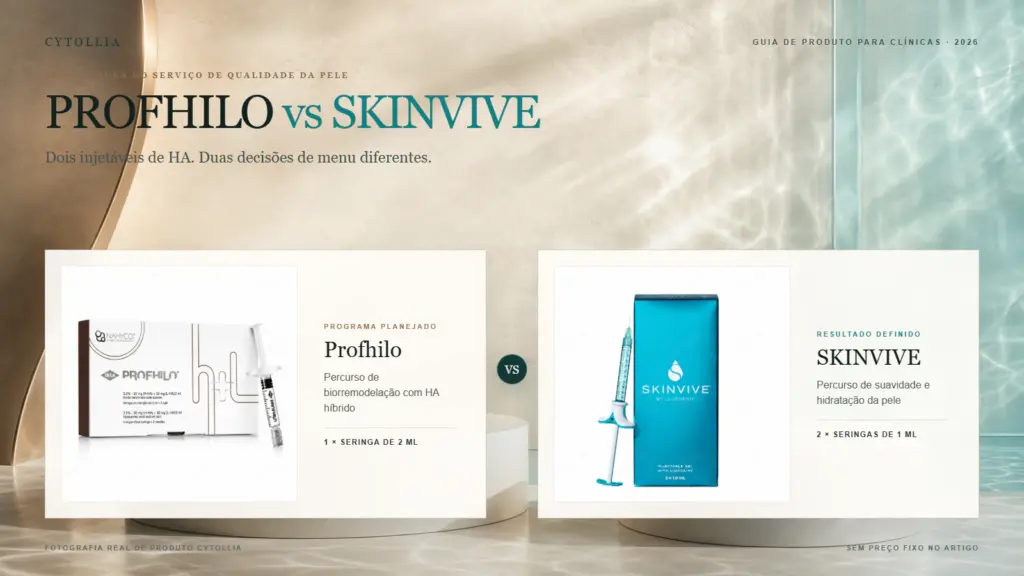 Caixas de Profhilo e JUVÉDERM SKINVIVE exibidas por inteiro em uma comparação premium para clínicas