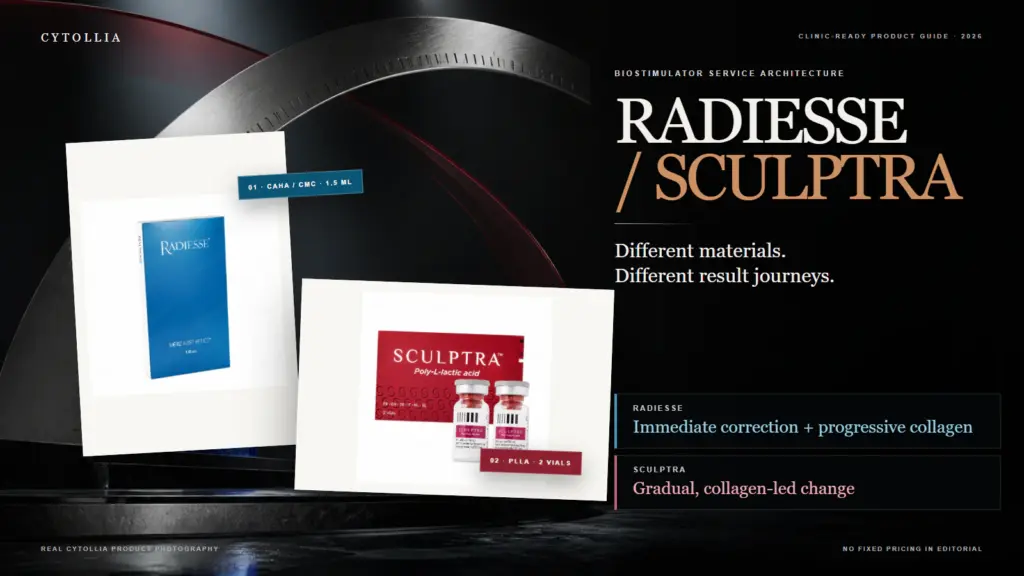 Complete Radiesse and Sculptra product packs in a clinic comparison of different result journeys