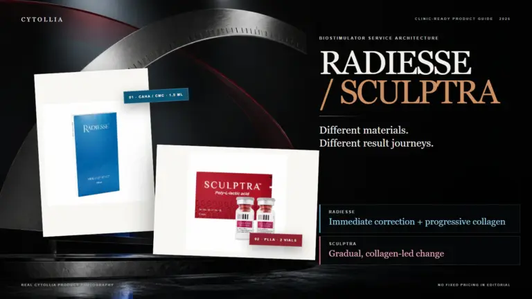 Complete Radiesse and Sculptra product packs in a clinic comparison of different result journeys