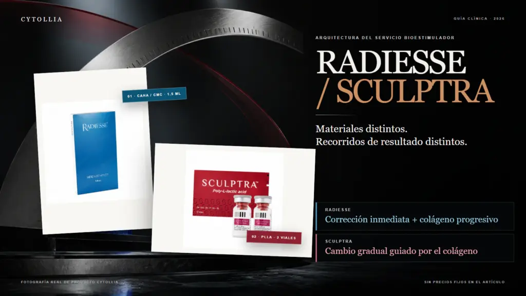 Envases completos de Radiesse y Sculptra en una comparación visual de sus diferentes ritmos de resultado para clínicas