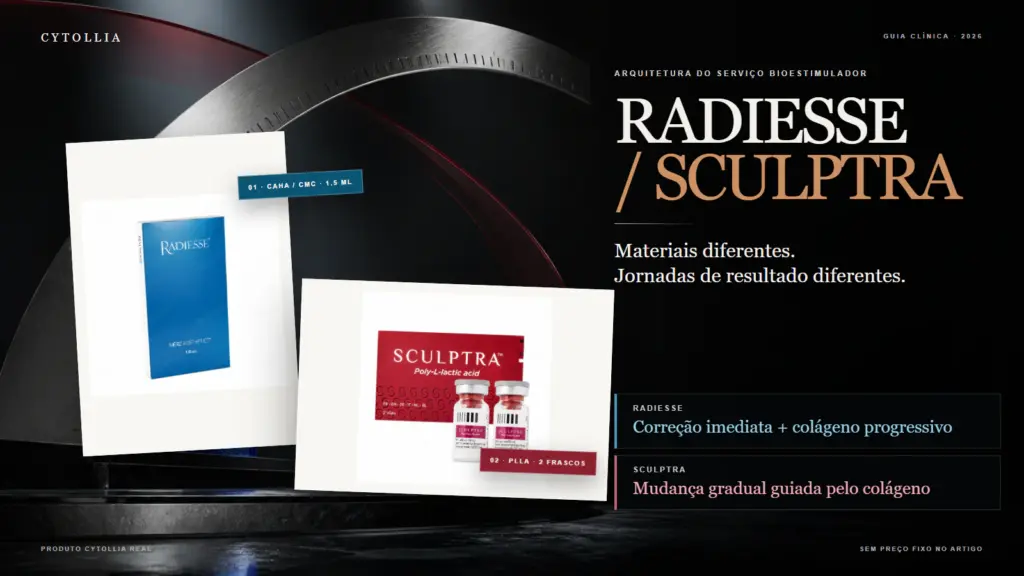 Embalagens completas de Radiesse e Sculptra em uma comparação visual das diferentes jornadas de resultado para clínicas