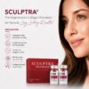 Sculptra PLLA box side panel — indications nasolabial folds volume loss cheek temple firmness