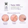 Toxta 100 Units box panel with peripheral muscle relaxant description and treatment area diagram