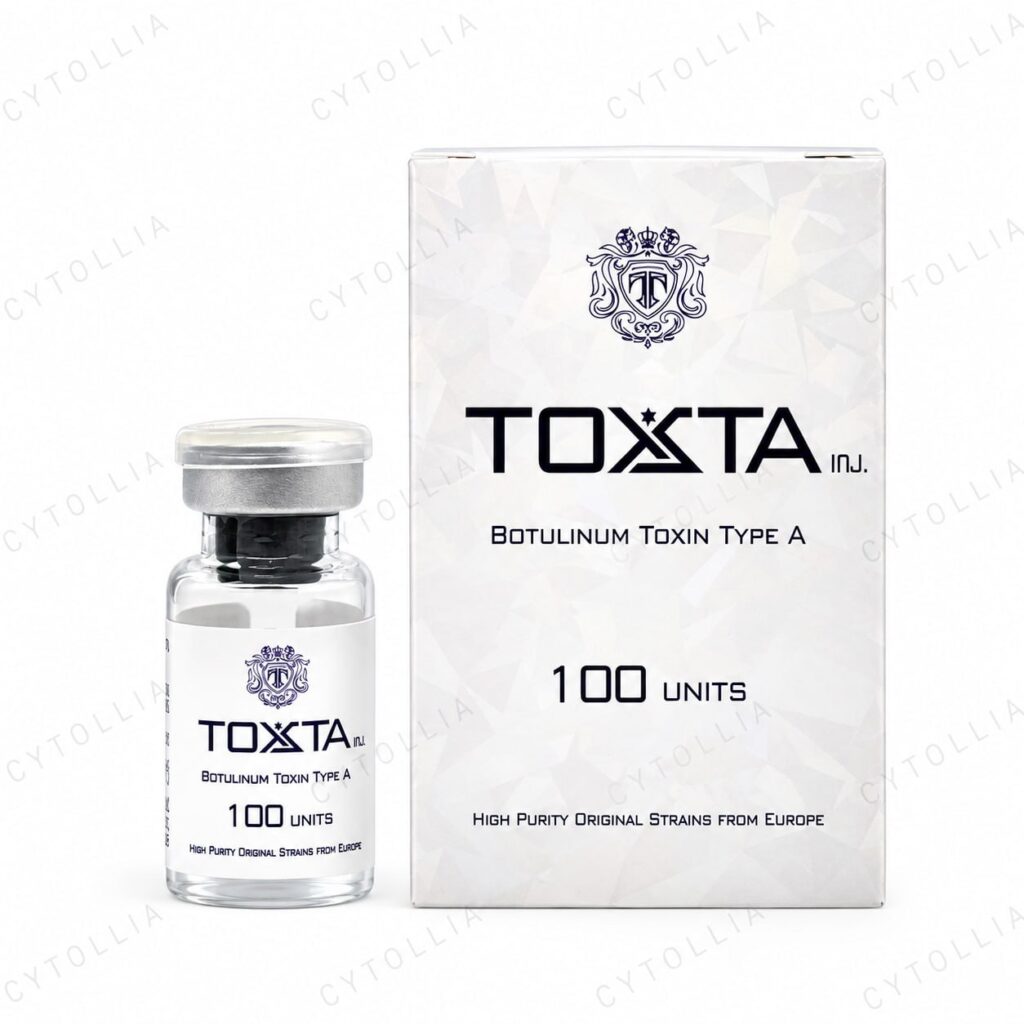 Toxta 100 Units botulinum toxin type A box front with high purity original strains from Europe