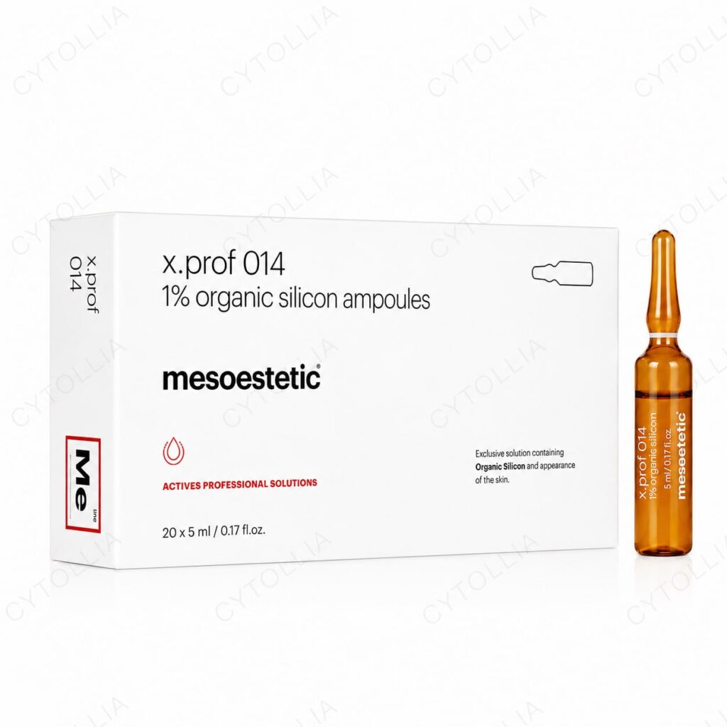 x.prof 014 1% Organic Silicon Ampoules skin boosters — product packaging: box front with 20 × 5 mL ampoules
