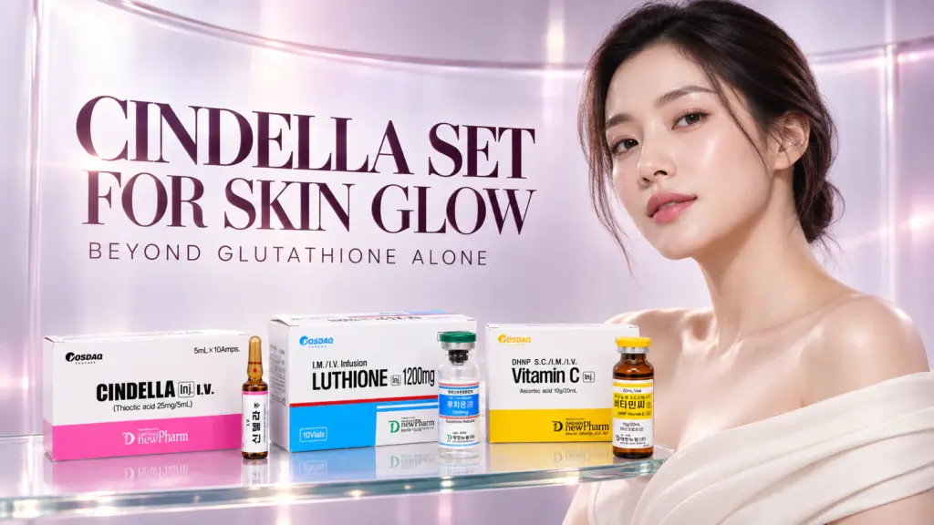 Cindella Set with Cindella, Luthione and Vitamin C beside a glowing-skin beauty portrait