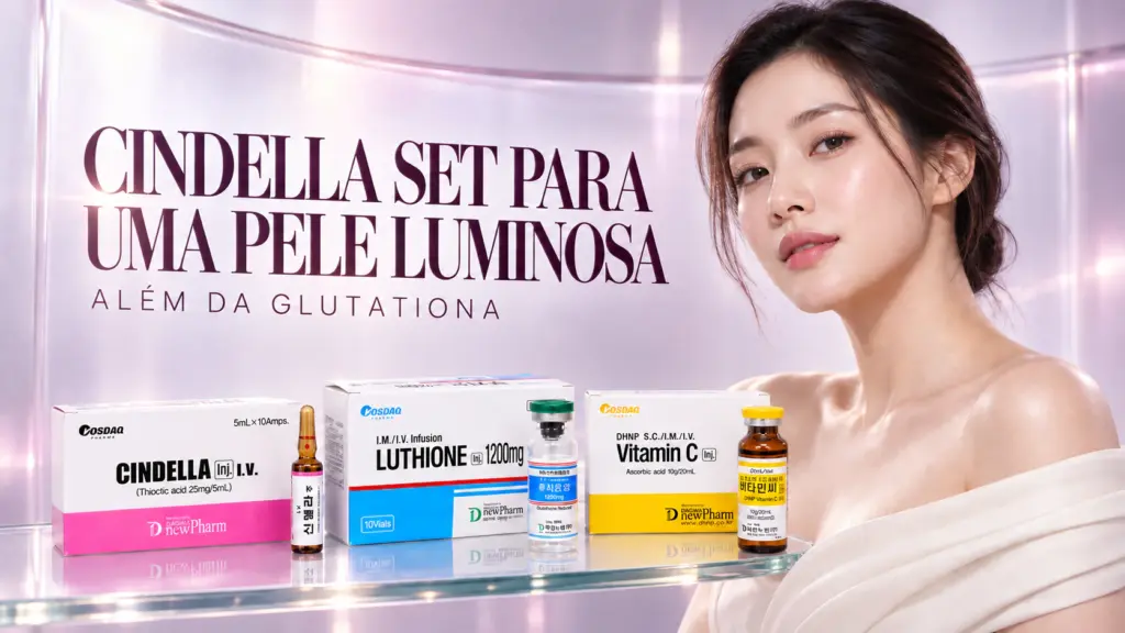 Cindella Set com Cindella, Luthione e vitamina C ao lado de um retrato de beleza com pele luminosa