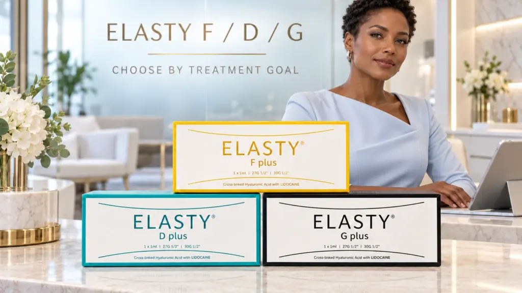 ELASTY F Plus, D Plus and G Plus boxes in a premium clinic with a short-haired Black woman and an integrated result-selection headline