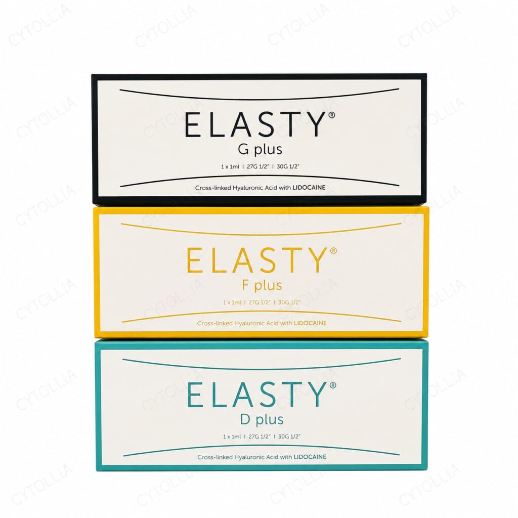 ELASTY Plus HA Dermal Filler with Lidocaine — product packaging (F Plus and G Plus boxes, 1 × 1 ml syringe with 27G and 30G needles)