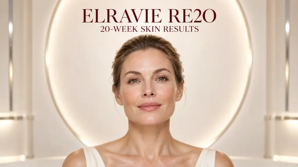 A front-facing woman with naturally luminous skin beneath a centred Elravie Re2O 20-week skin results title
