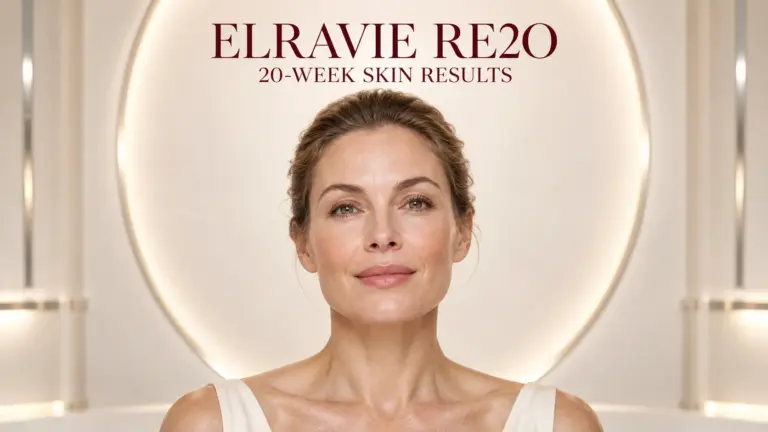 A front-facing woman with naturally luminous skin beneath a centred Elravie Re2O 20-week skin results title
