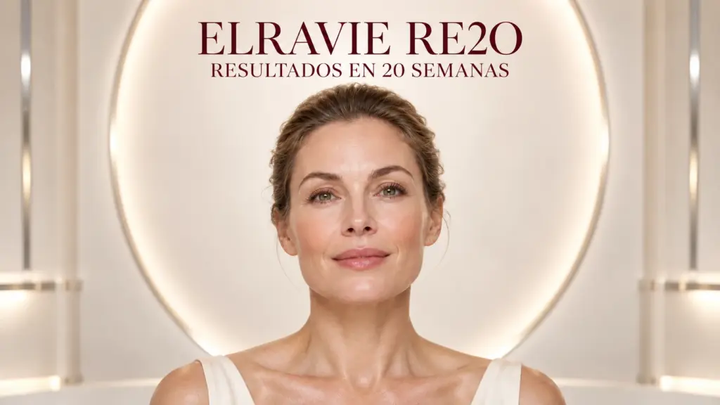 Mujer de frente con piel luminosa bajo el título centrado de resultados de Elravie Re2O en 20 semanas