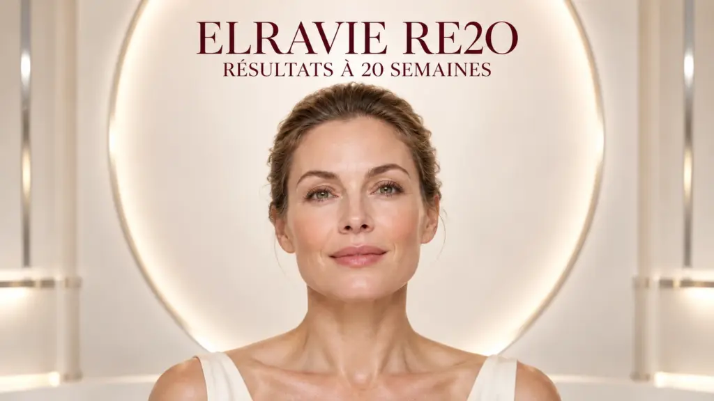 Femme de face à la peau lumineuse sous le titre centré des résultats d’Elravie Re2O à 20 semaines