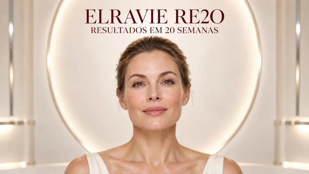 Mulher de frente com pele luminosa sob o título centralizado dos resultados do Elravie Re2O em 20 semanas
