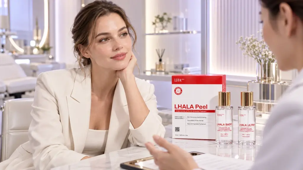Lhala Peel Basic and Ultra professional Korean peel set in a luxury aesthetic-clinic consultation