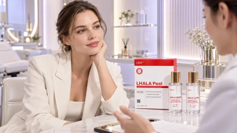 Lhala Peel Basic and Ultra professional Korean peel set in a luxury aesthetic-clinic consultation