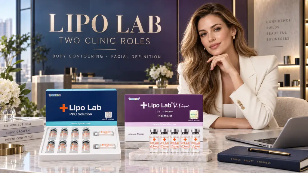 Diretora de clínica apresentando Lipo Lab PPC Solution para contorno corporal e Lipo Lab V-Line Premium para definição facial
