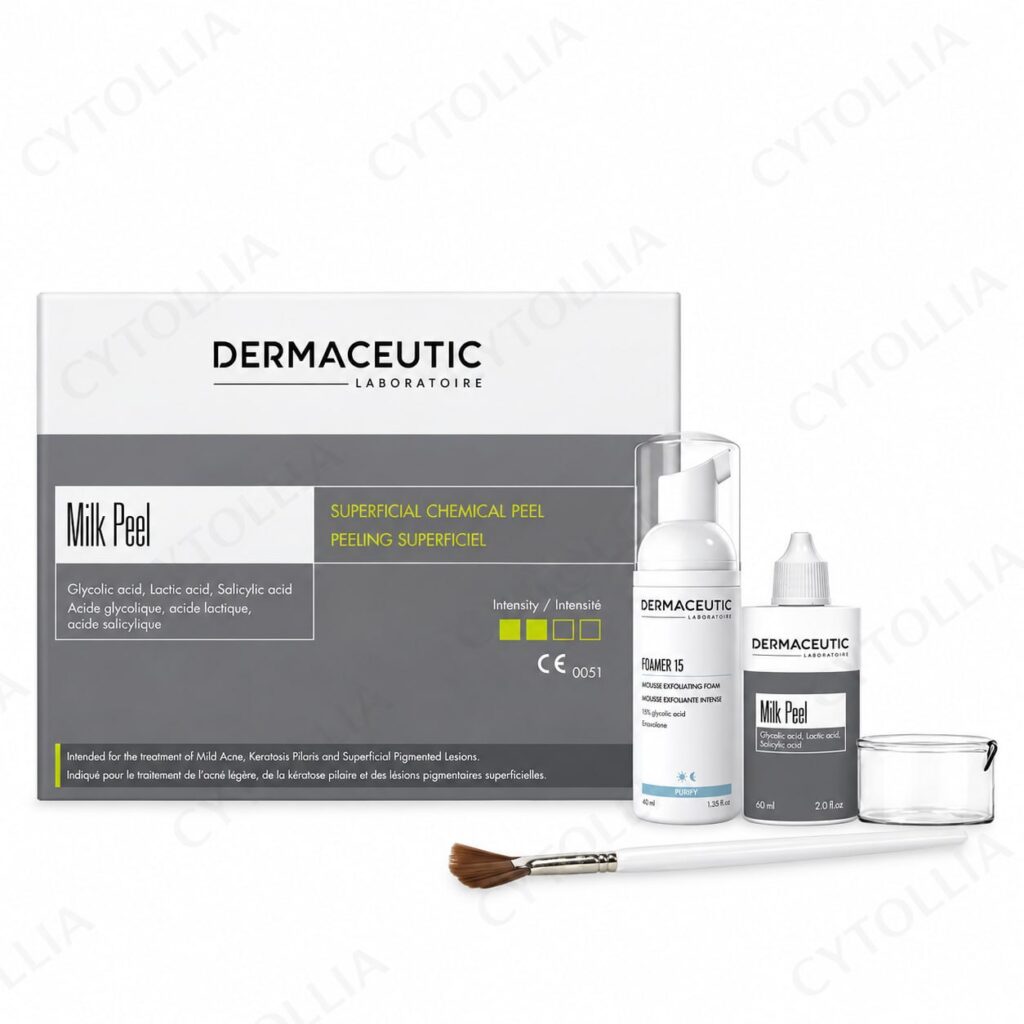 Dermaceutic Milk Peel superficial chemical peel kit — box with Milk Peel 60ml, Foamer 15 40ml, application brush and mixing cup