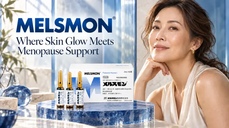 Blue Melsmon product with a mature woman representing skin glow and menopause support