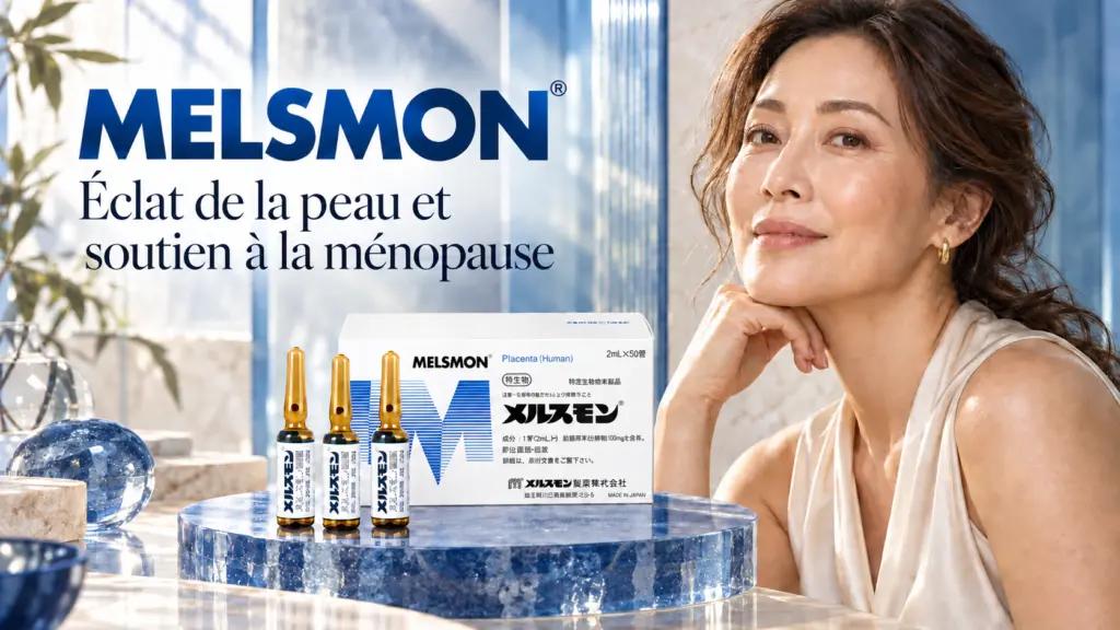 Produit Melsmon bleu avec une femme mature illustrant l’éclat de la peau et le soutien à la ménopause
