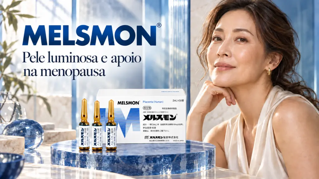 Produto Melsmon azul com uma mulher madura representando pele luminosa e apoio na menopausa
