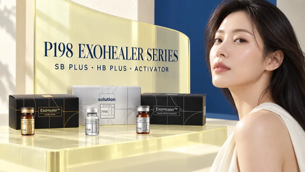 P198 ExoHealer SB Plus, la Solution Activatrice et HB Plus présentés près d’une femme dans un visuel beauté entièrement intégré