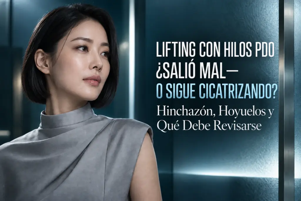 Mujer adulta junto al título sobre lifting con hilos PDO, hinchazón, hoyuelos y cambios que deben revisarse