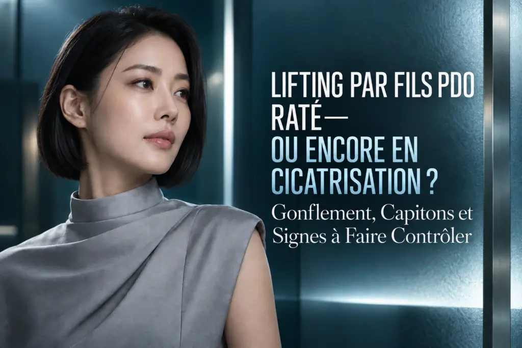 Femme adulte à côté du titre sur le lifting par fils PDO, le gonflement, les capitons et les signes à faire contrôler