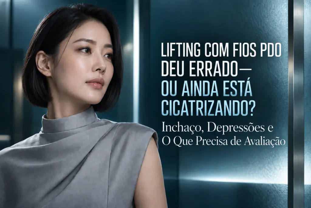 Mulher adulta ao lado do título sobre lifting com fios PDO, inchaço, depressões e sinais que precisam de avaliação