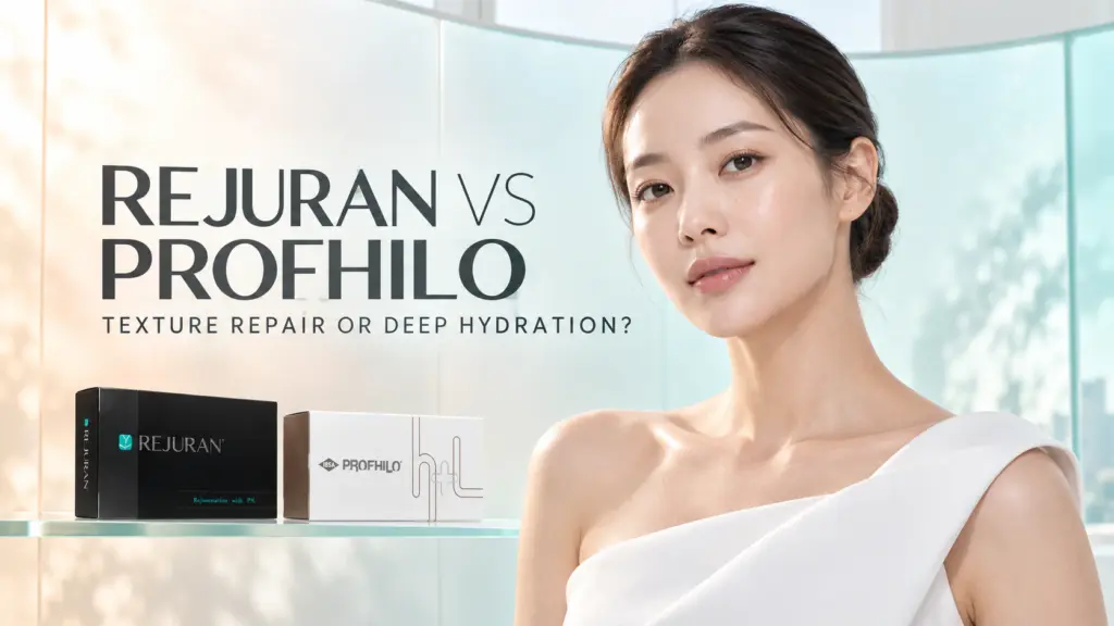 Rejuran and Profhilo products in a bright beauty editorial comparing texture repair with deep hydration