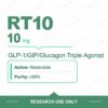 Retatrutide 10 mg research vials — RT10 10 mg per vial, GLP-1/GIP/glucagon triple agonist, purity ≥99%, research use only