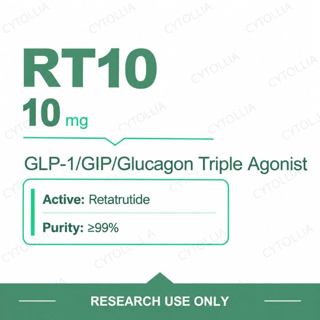 Retatrutide 10 mg research vials — RT10 10 mg per vial, GLP-1/GIP/glucagon triple agonist, purity ≥99%, research use only