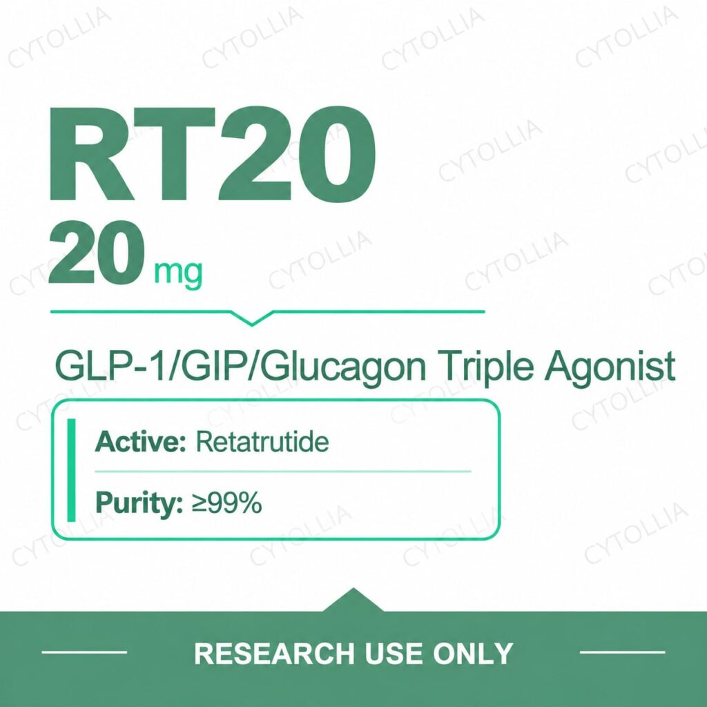 Retatrutide 20 mg research vials — RT20 20 mg per vial, GLP-1/GIP/glucagon triple agonist, purity ≥99%, research use only