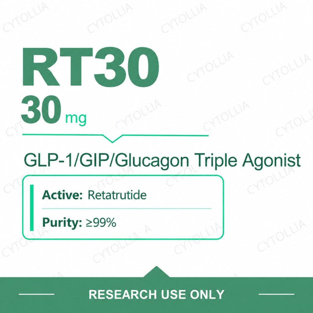 Retatrutide 30 mg research vials — RT30 30 mg per vial, GLP-1/GIP/glucagon triple agonist, purity ≥99%, research use only